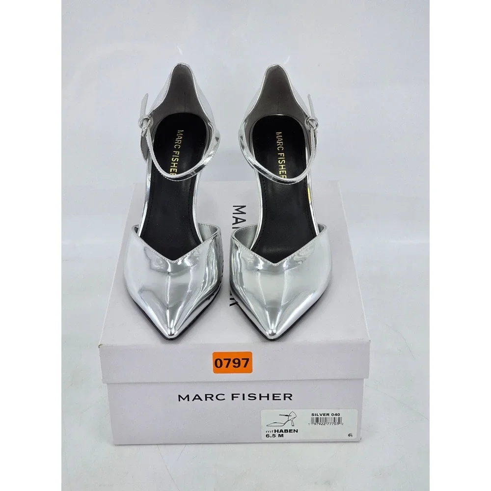 Marc Fisher Haben Pumps Womens 6.5 Silver Metallic Pointed Toe Ankle Strap - NEW
